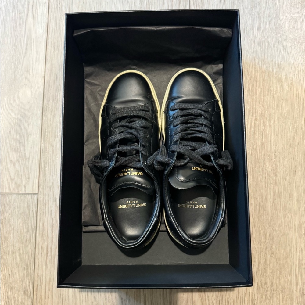 Yves Saint Laurent Black Leather Sneakers with Cream Soles